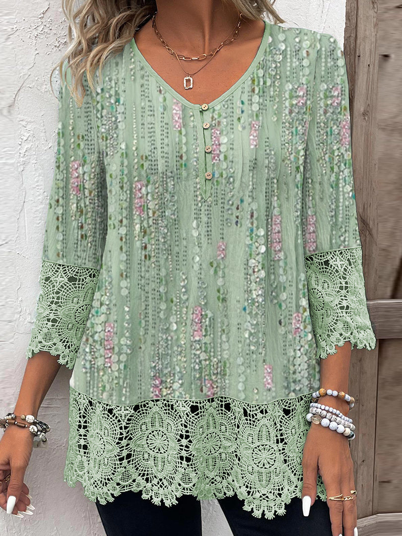 Women Long Sleeve V-neck Graphic Floral Printed Top