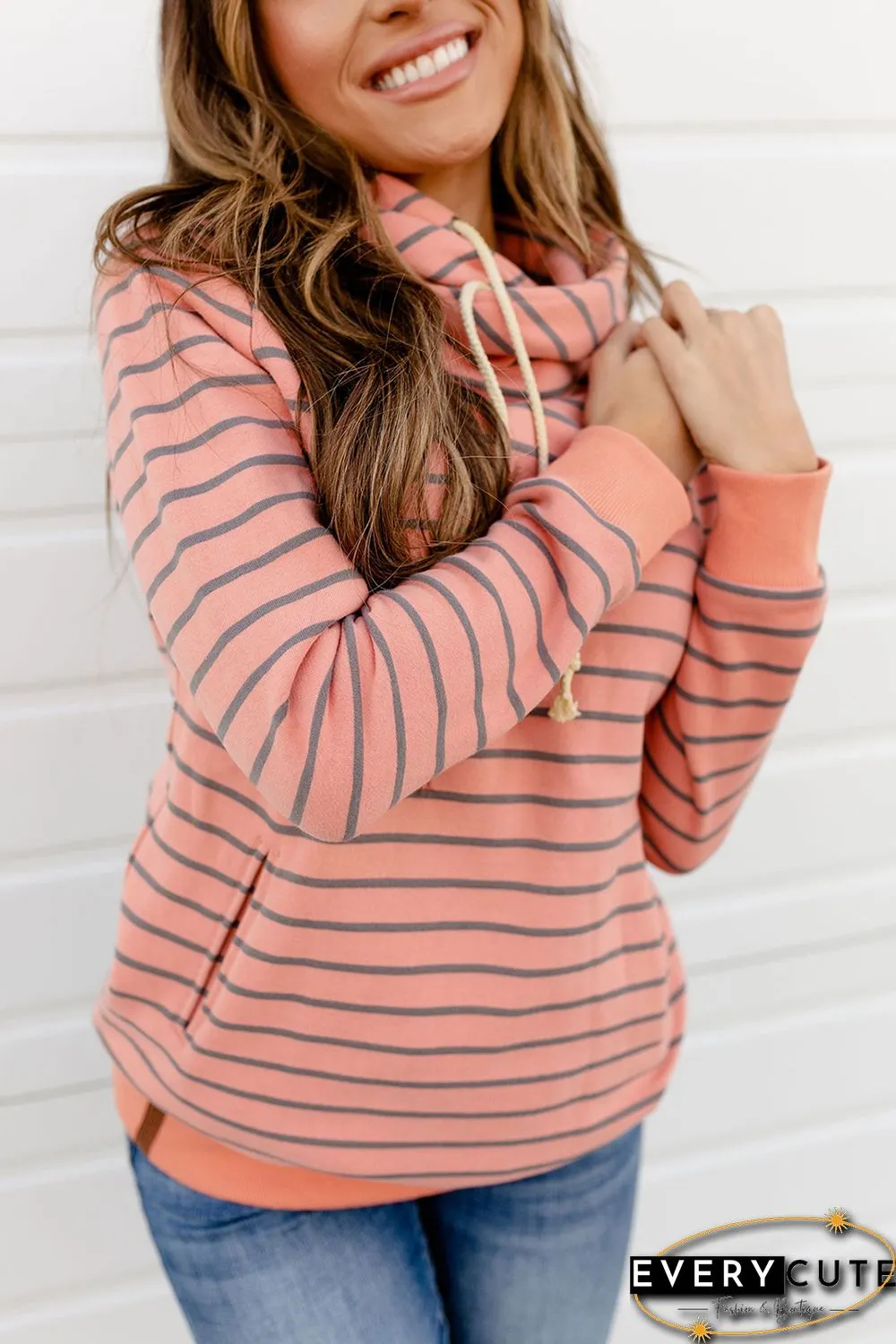 Orange Striped Turtleneck Hoodie with Pocket
