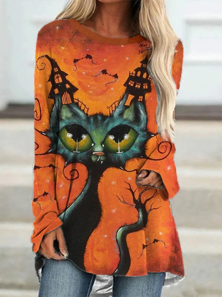 Wearshes Halloween Spooky Cat Art A Line T Shirt
