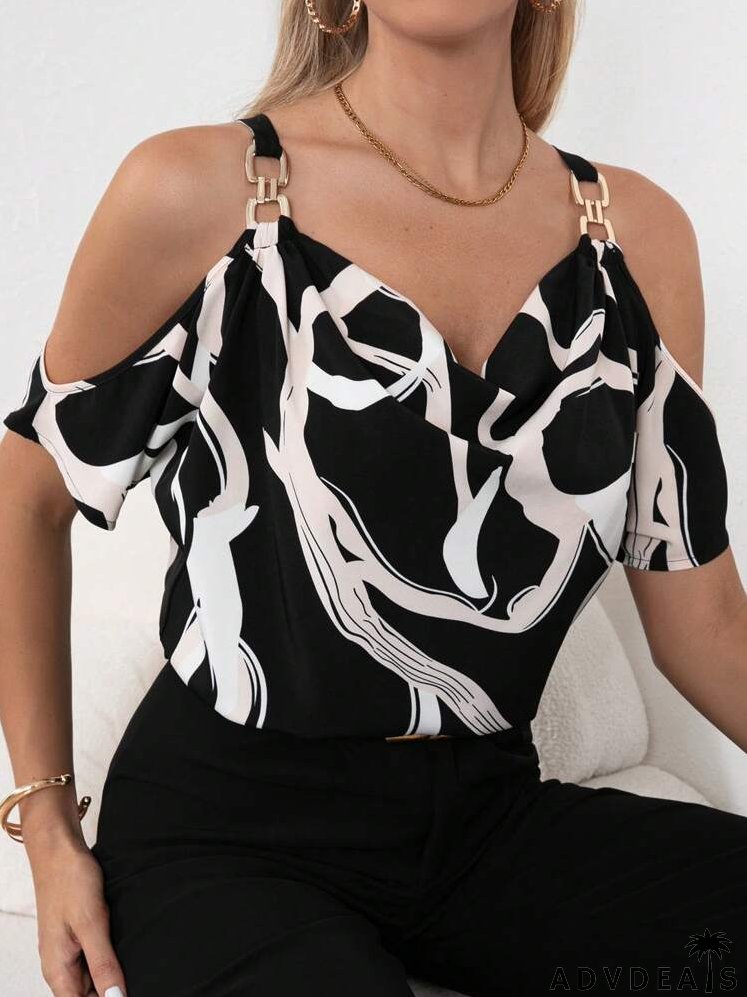 Allover Print Cold Shoulder Chain Detail Blouse