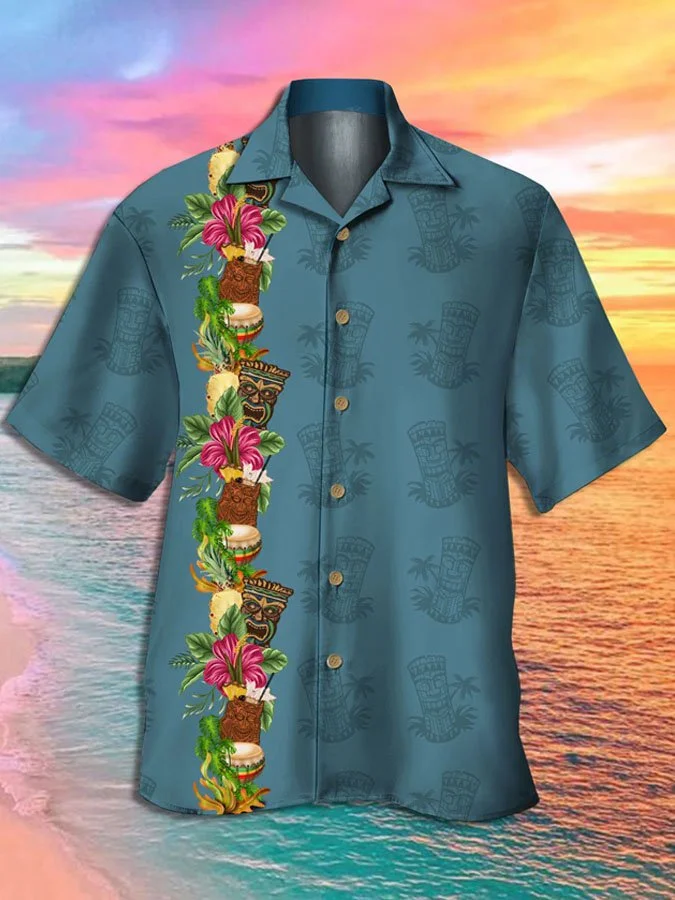 Men's Botanical Print Casual Breathable Hawaiian Short Sleeve Shirt