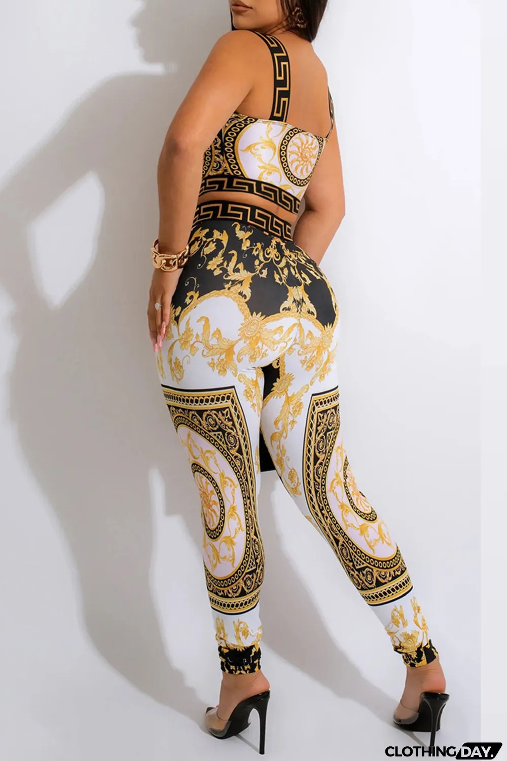 Black Fashion Casual Print Patchwork Backless O Neck Sleeveless Two Pieces