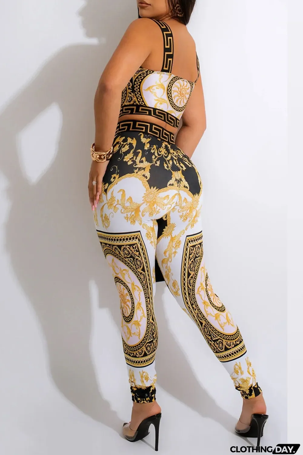 Black Fashion Casual Print Patchwork Backless O Neck Sleeveless Two Pieces