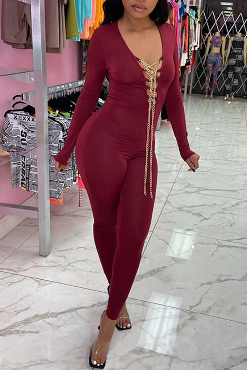 Red Sexy Solid Patchwork V Neck Skinny Jumpsuits | EGEMISS