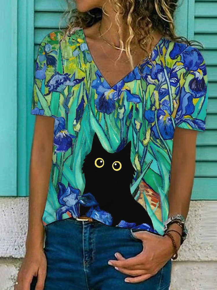 Irises And Black Cat Funny Art V Neck T Shirt