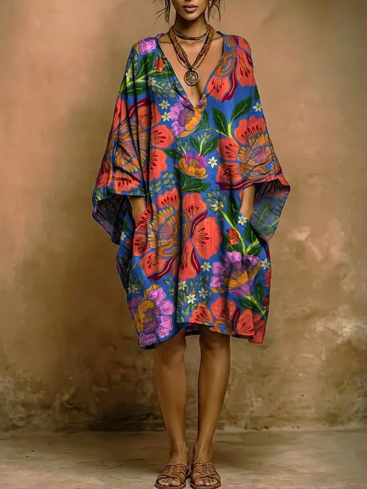 Women's Vintage Flower Pattern Print Short-sleeve Cotton-linen Dress