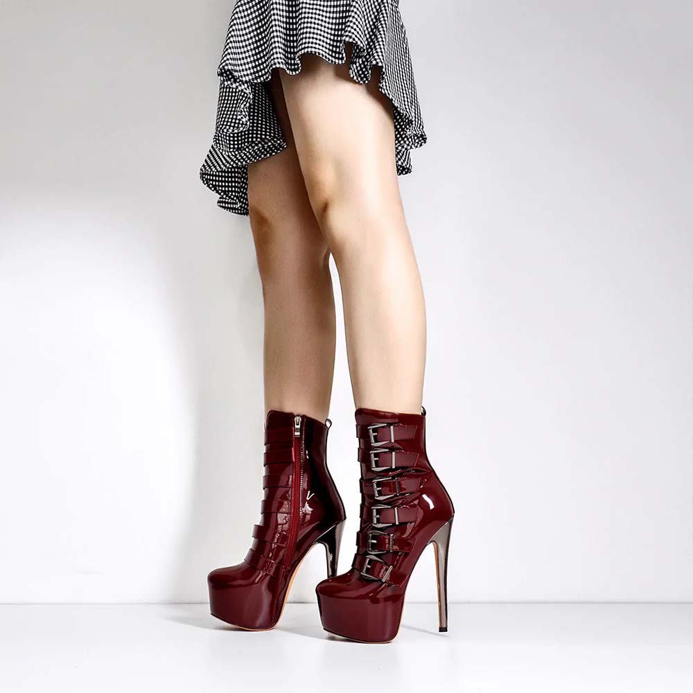 Burgundy Platform Stiletto Heeled Ankle Boots 