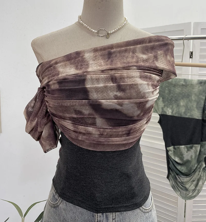 Uveng Real Shooting Can Wear Two-Wear Art Dizzy Net Yarn Spliced A Word Shoulder T-Shirt To Repair The Chest Short Babes Top 1131