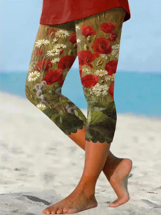 Vacation Poppies And Daisies Flower Oil Painting Wavy Side Print Leggings