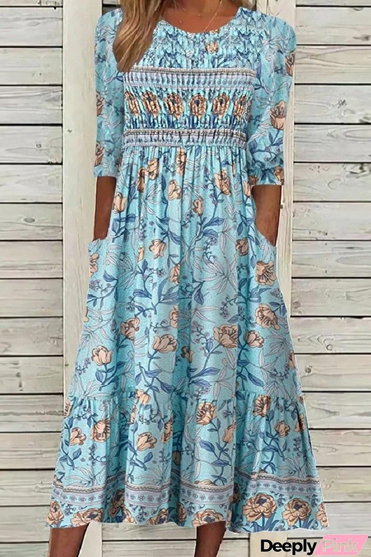 Round Neck Graphic Floral Print Half Sleeves Midi Dress