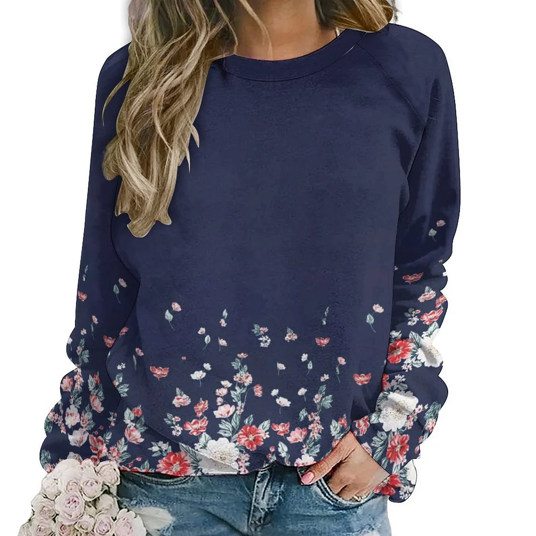 Printed Long Sleeve Casual Sweatshirt for  Women and Men Unisex Pattern Floral, Blue, Red