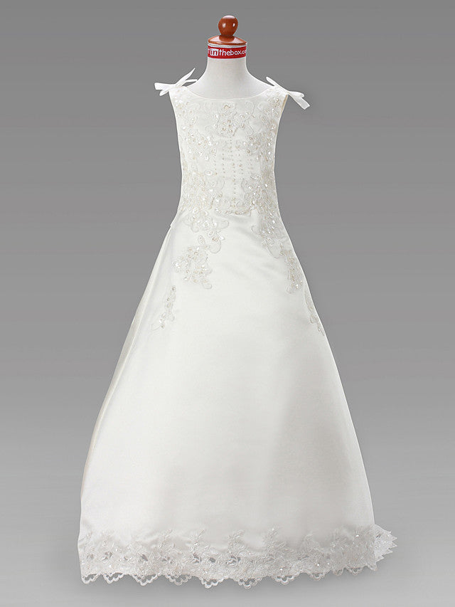 Oknass A-Line Sleeveless Jewel Neck Flower Girl Dress Satin  With Beading  