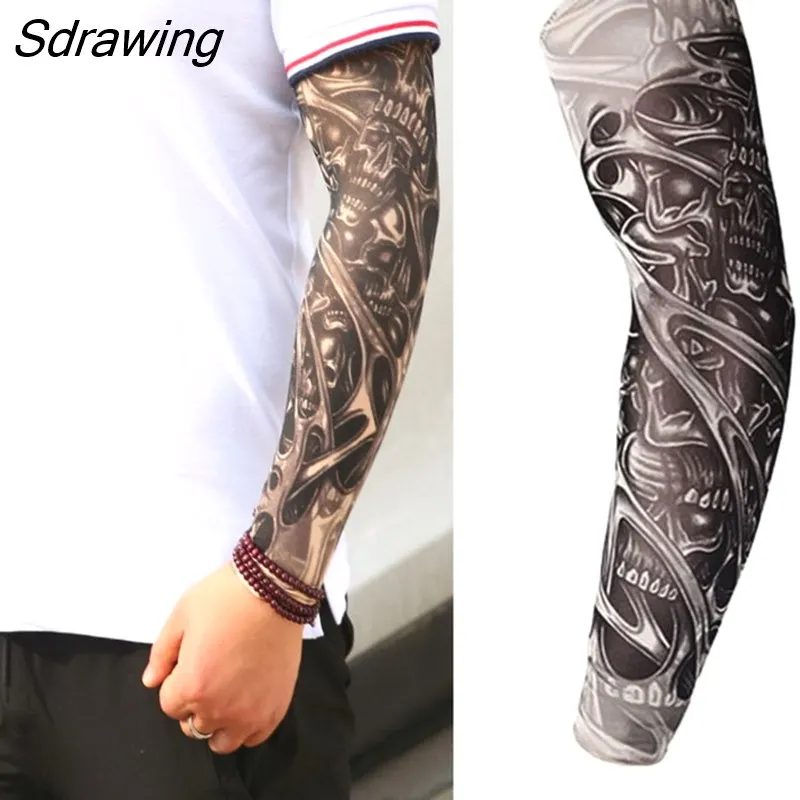 Sdrawing Temporary Tattoo Sleeve Tattoos Full Long Arm Tattoo Sleeve Men Elastic Nylon Tattoos skull dragon snake tiger tatoo sleeve