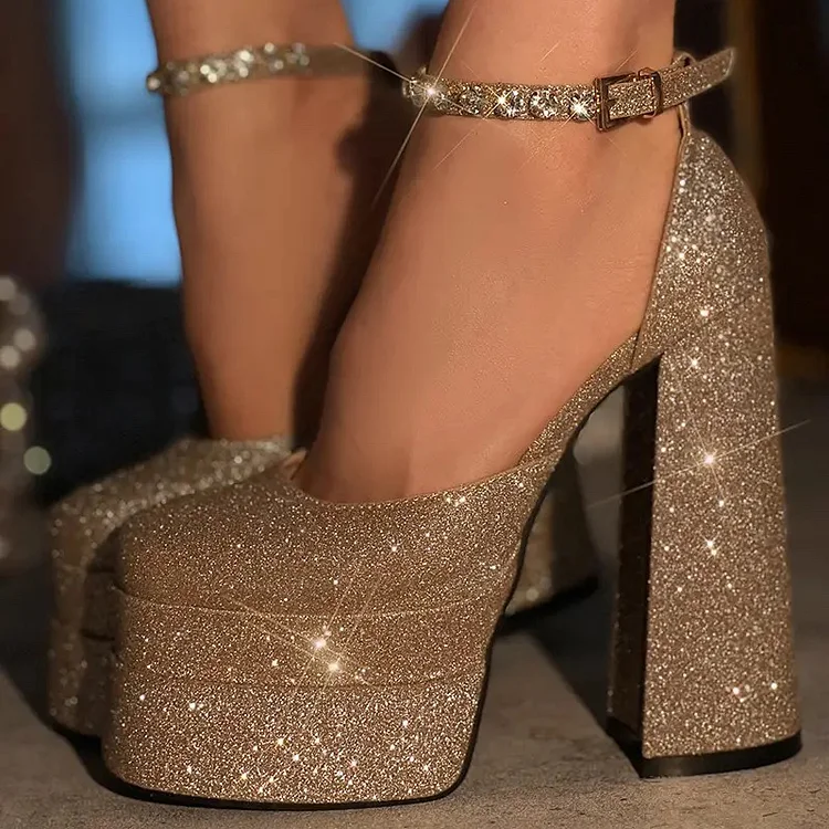 Golden Platform Round Toe Pumps Glitter Ankle Strap Chunky Heels |FSJ Shoes