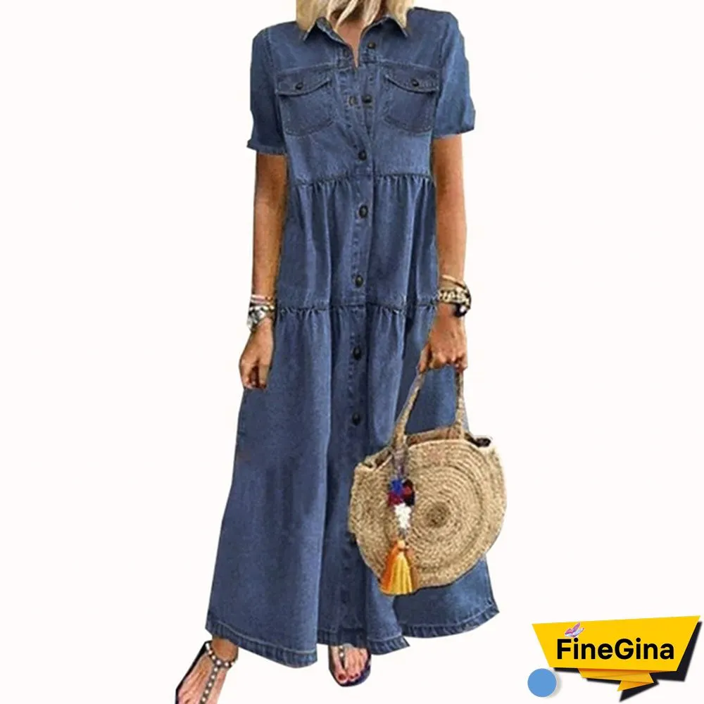 Womens Summer Autumn Denim Long Dress Retro Button Pockets Jeans Maxi Ladies Casual