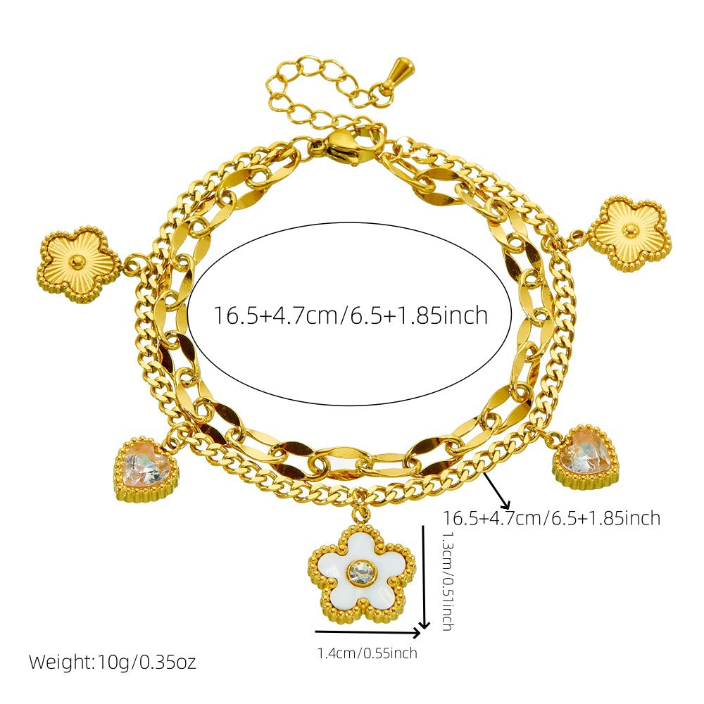 Fashionable And Simple Diamond-Studded Love White Shell Flower Double-Layered Stainless Steel Chain Bracelet4