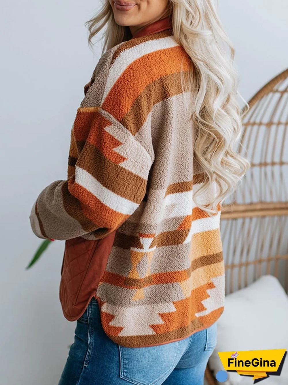 Women's Casual Printed Stripe Contrast Color Button Front Fleece Splicing Coat