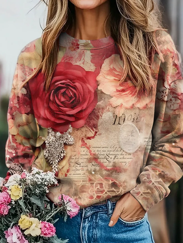Valentine's Day Vintage Floral Print Casual Crew Neck Sweatshirt