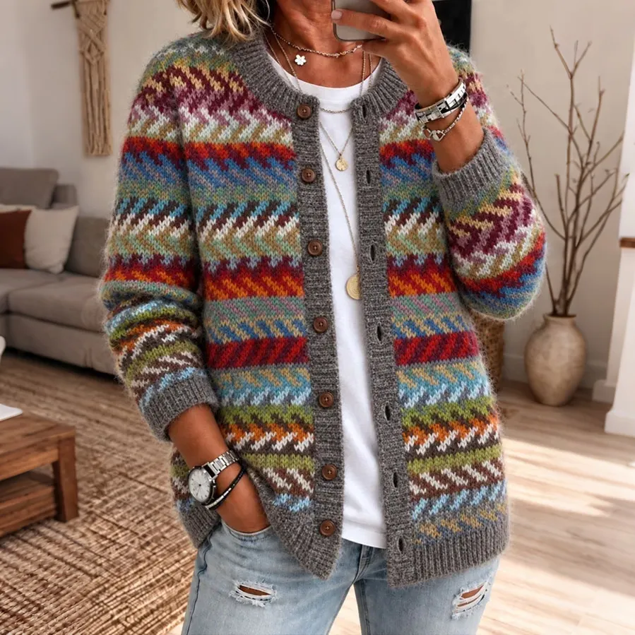 Comstylish Women's Retro Colorful Striped Art Print Knit Button Cardigan