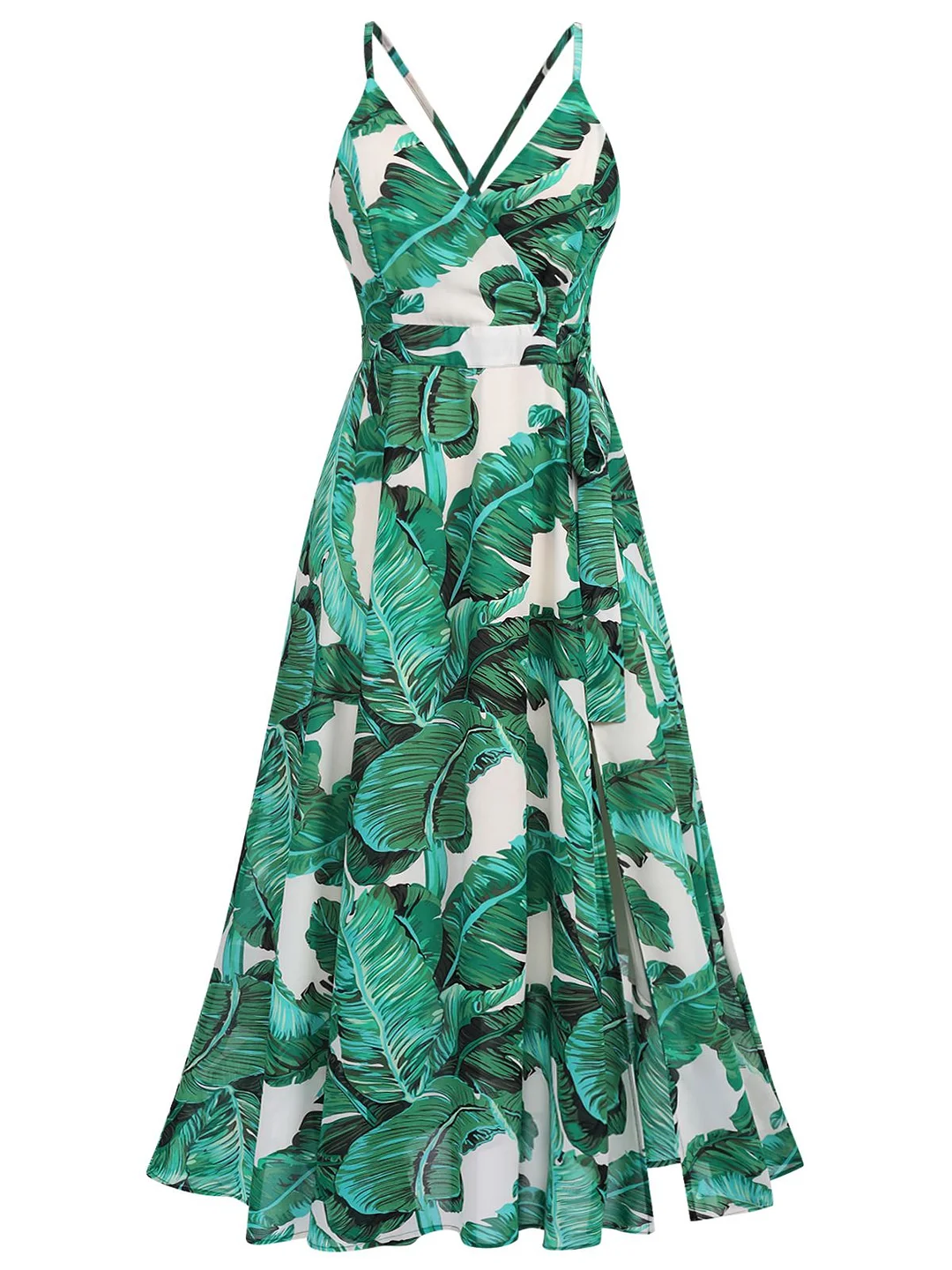 Green Banana Leaves Strap Lace-up Vintage Dress