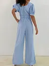 Deep V-Neck Short Sleeve Casual Solid Color Jumpsuit