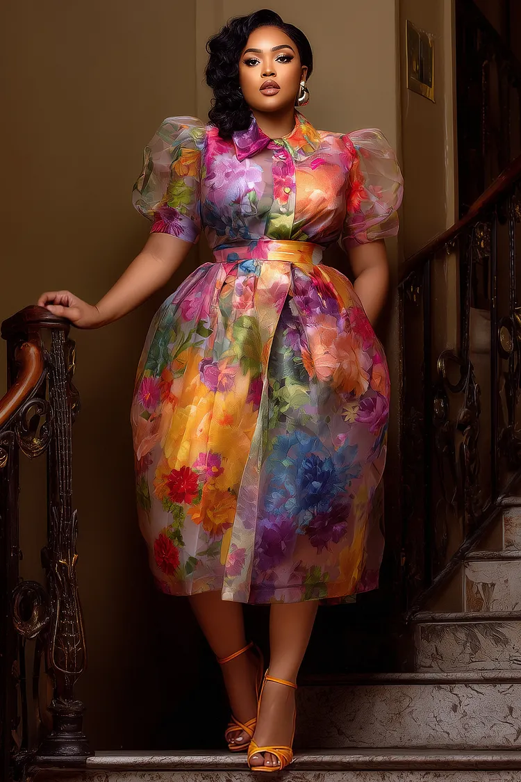 Xpluswear Design Plus Size Cocktail Party Elegant Multicolor Floral Shirt Collar Puff Sleeve Short Sleeve Pocket Button Organza Midi Dresses [Pre-Order] 2024 - Xpluswear