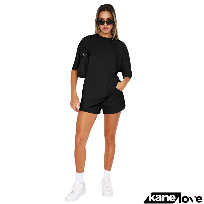 Women Fashion Casual Solid Color Short Sleeve Shorts Two Piece Set