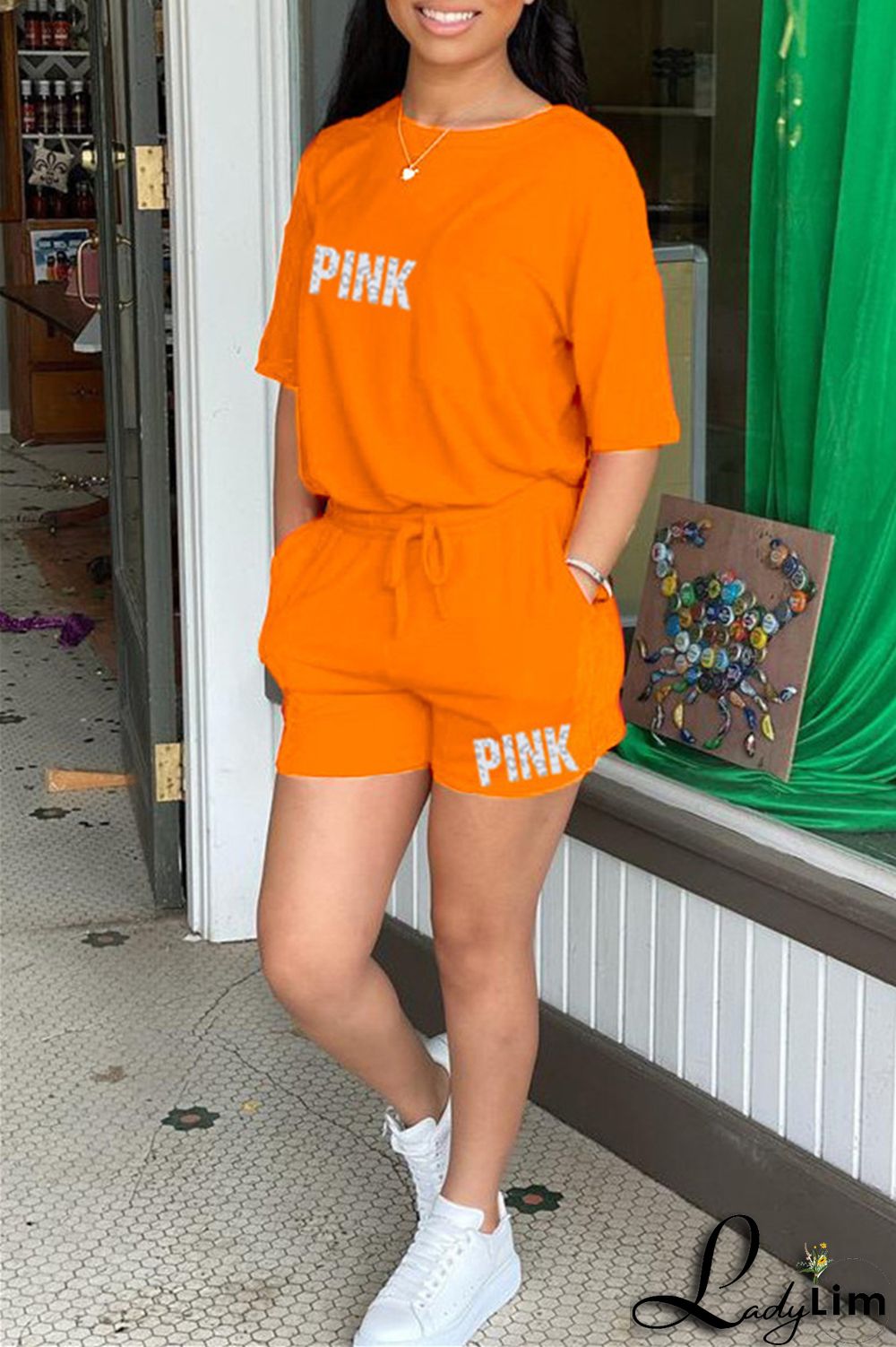 Black Fashion Casual Letter Print Patchwork O Neck Short Sleeve Two Pieces