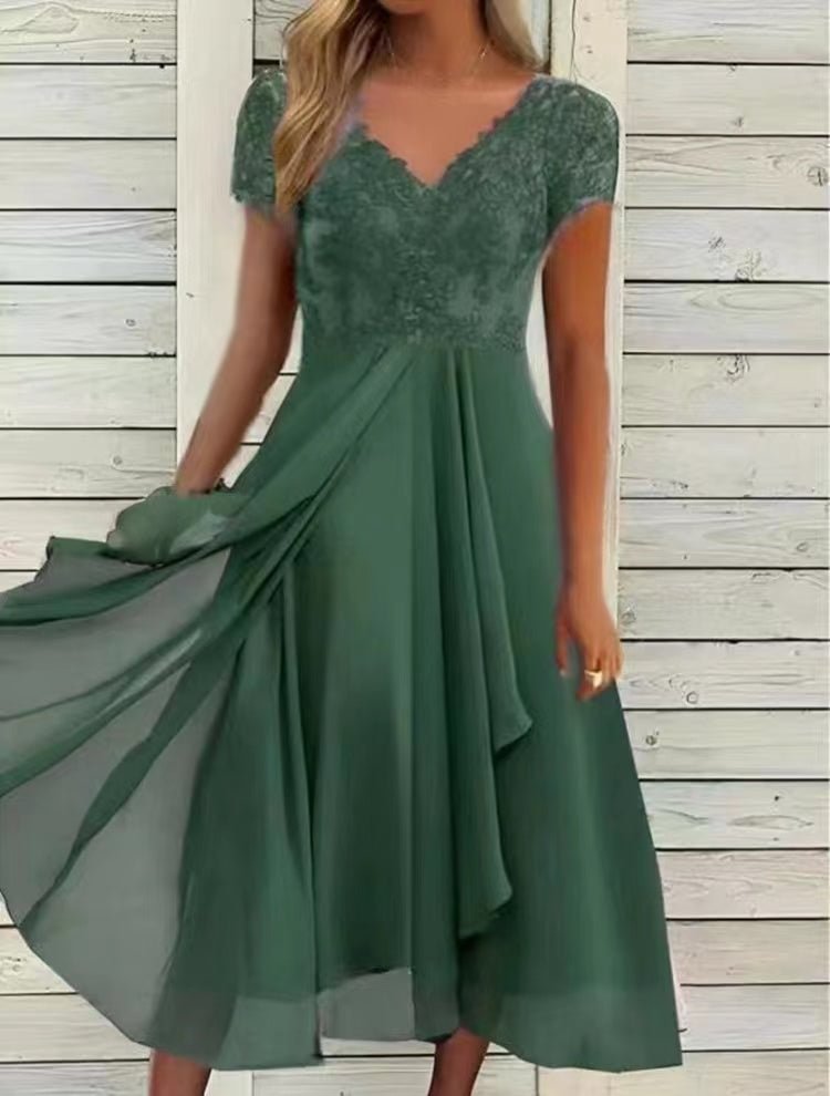 Green Short Sleeve Chiffon Midi Dress