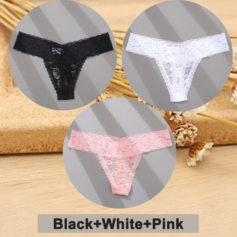 3PCS/Set Lace Panties Full Floral Underwear Women Panties Underpants Sexy Briefs Thong Lace G-String Female Lingerie Intimates