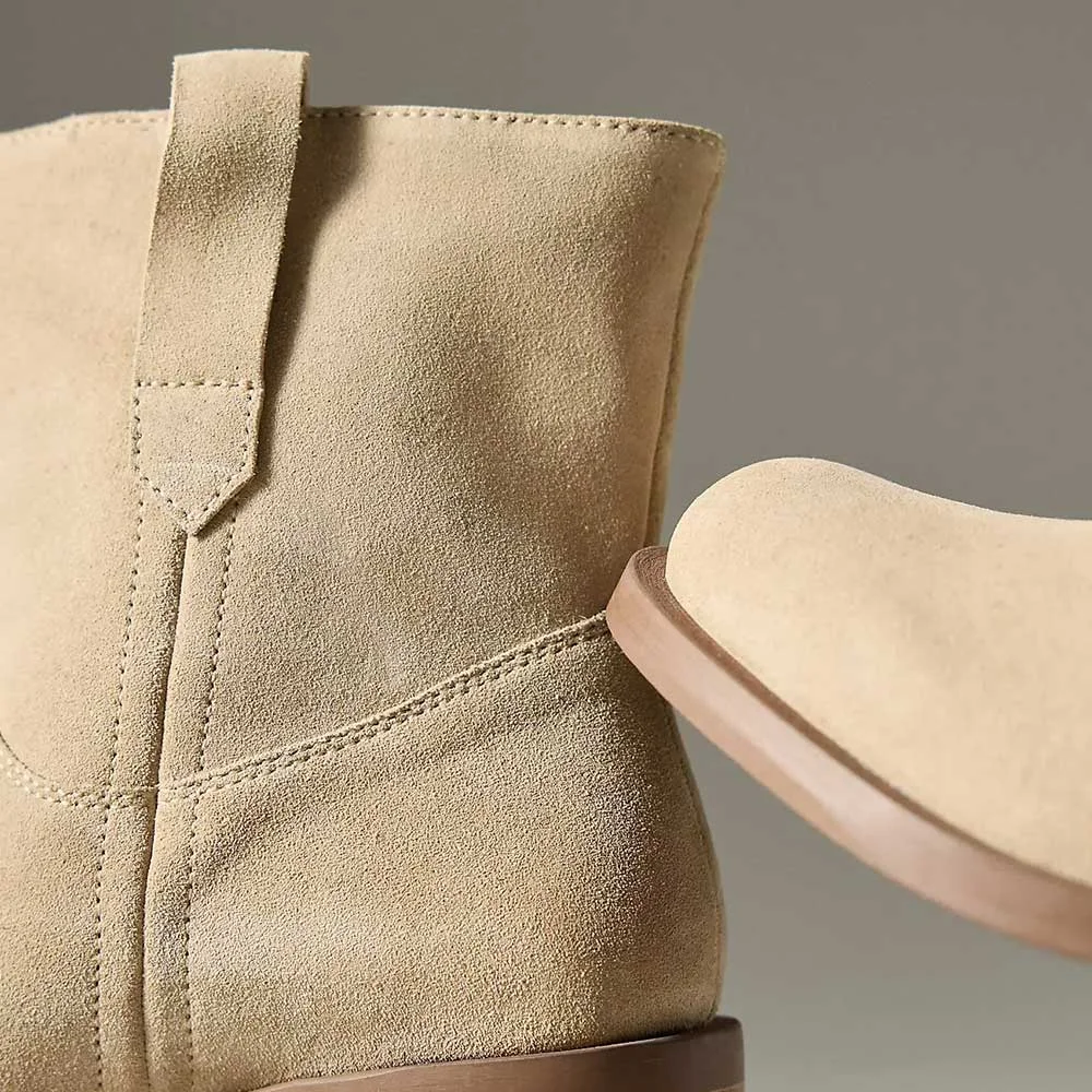 Beige Vegan Suede Square Toe Heeled Short Western Boots for Women