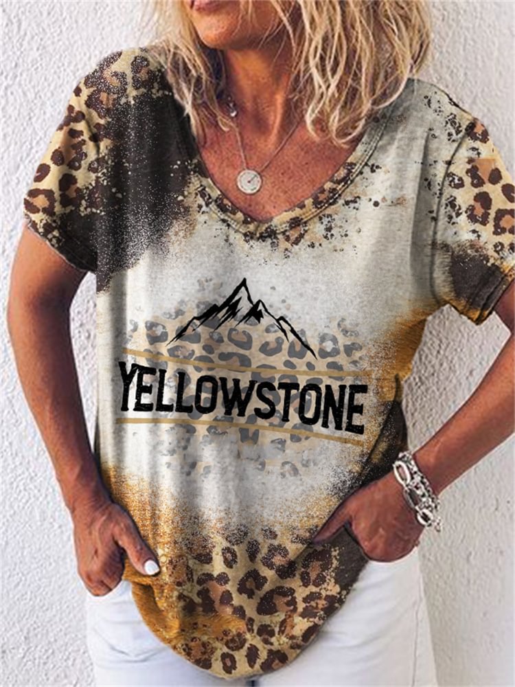 Western Mountains Letter Leopard Bleached T Shirt