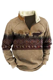 🎄NEW ARRIVALS 60% OFF🎄Stand Collar Zip Western Deer Print Sweatshirt