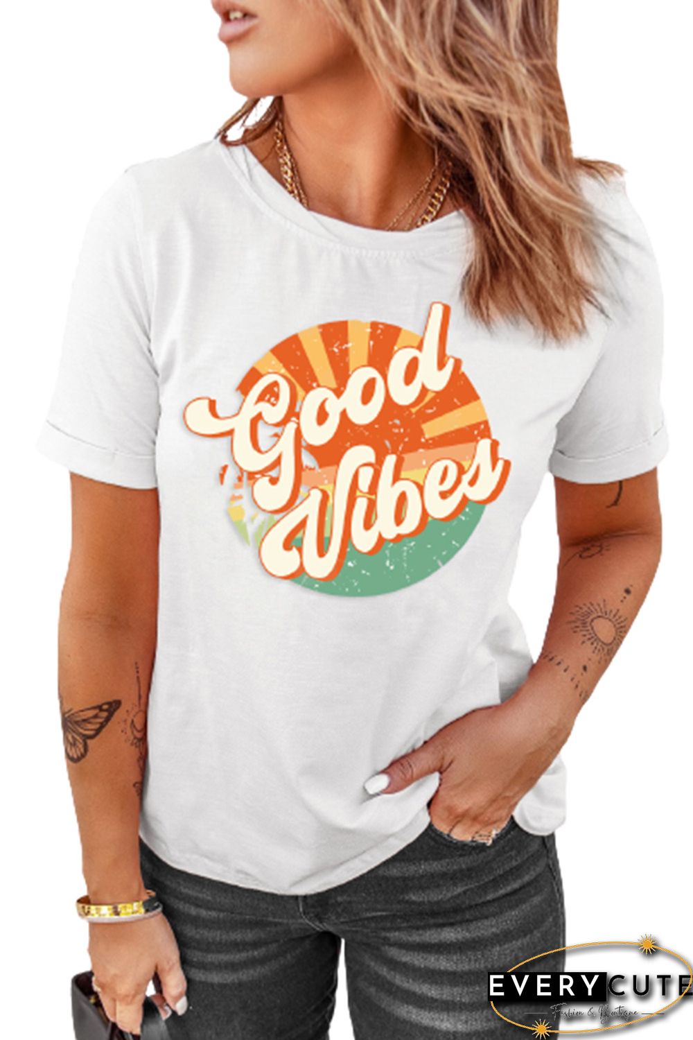 White Good Vibes Print T Shirt