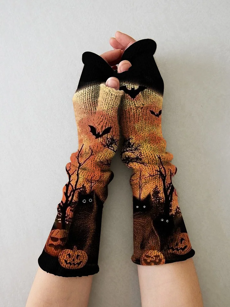 Women's Cute Halloween Black Cat Knit Print Gloves