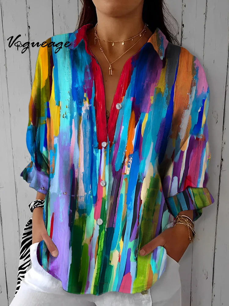 Fashionable And Colorful Line Stitching Printed Cotton And Linen Shirt