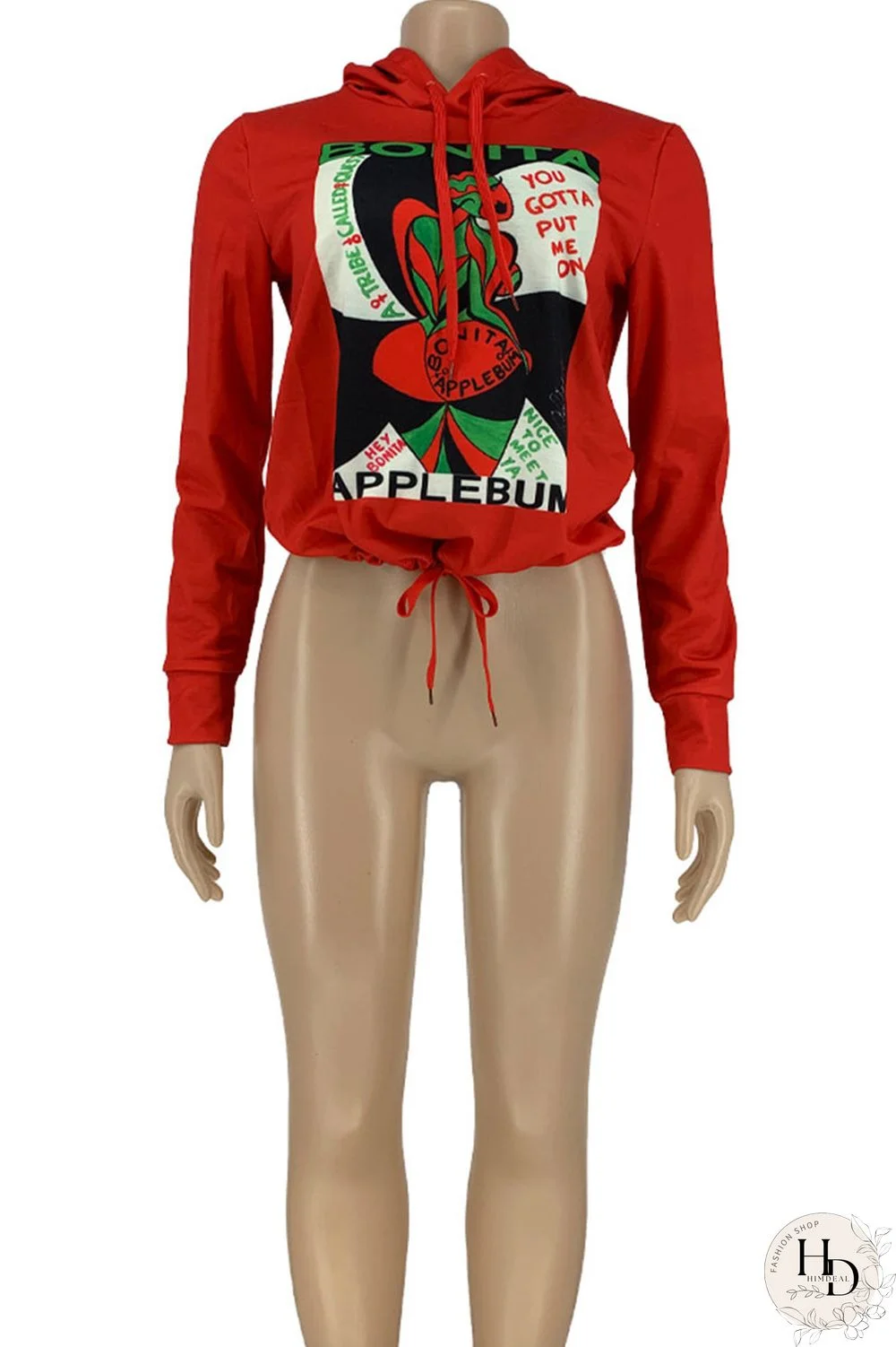 Red Street Print Hooded Collar Mid Waist Tops