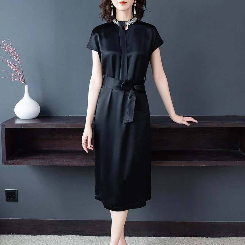 Spring Midi Black Dresses Women Short Sleeve Belt Satin Vintage Elegant Fashion Female Clothing Office Lady Party Summer