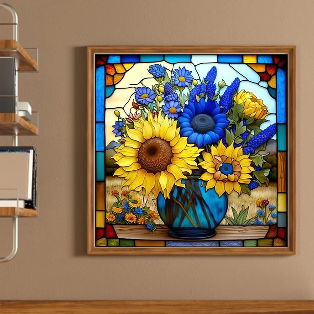 DIY Stamped Cross Stitch 14CT Full Embroidery 40*40cm - Glass Painting-Sunflowers