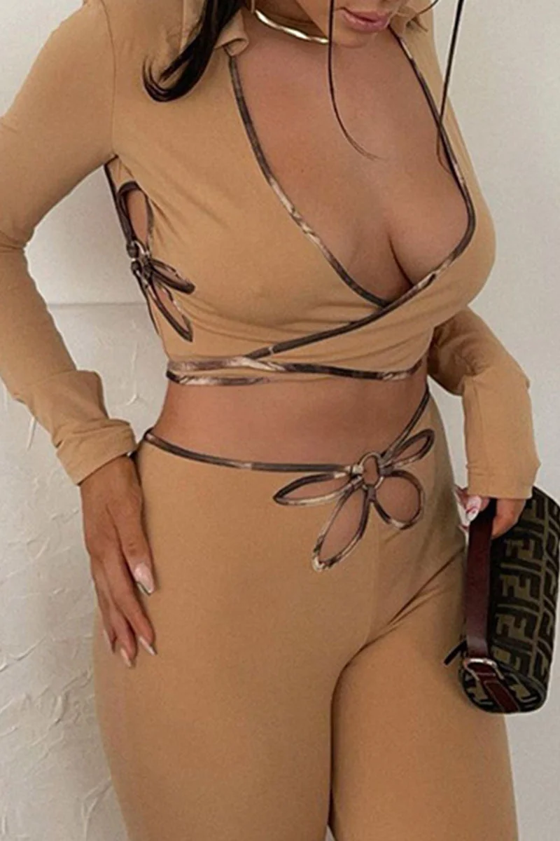 Brown Sexy Solid Hollowed Out Split Joint V Neck Long Sleeve Two Pieces