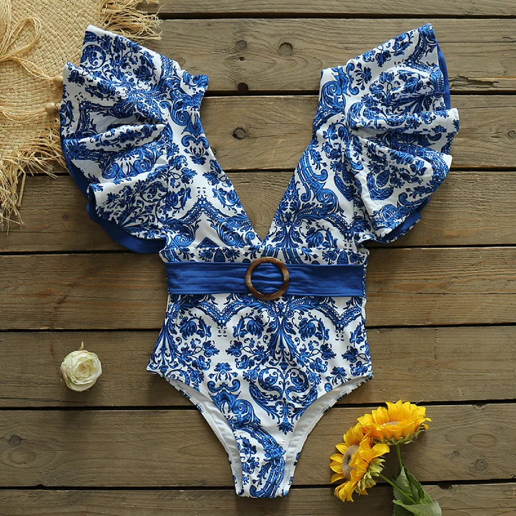 Flaxmaker Deep V Ruffle Belt Printed One Piece Swimsuit