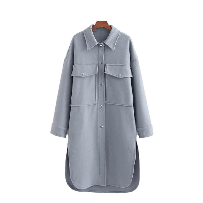 PUWD Casual Woman Blue Loose Long Woolen Shirt 2021 Spring Fashion Ladies Soft Pocket Coats Female Chic Warm Oversized Outwerar