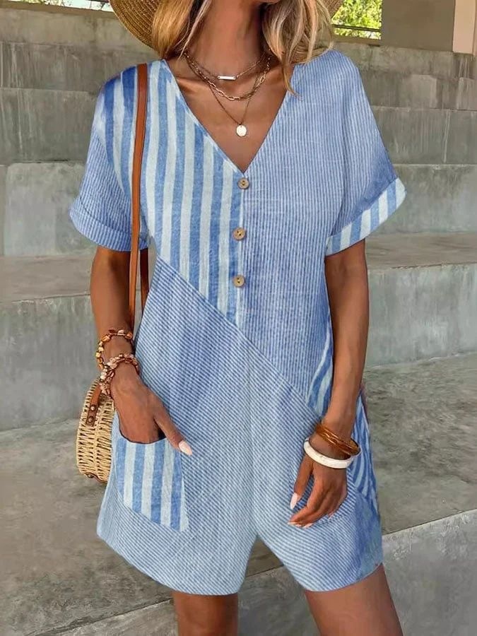Women'S Casual V-Neck Short Sleeve Contrast Stripe Pocket Button Jumpsuit