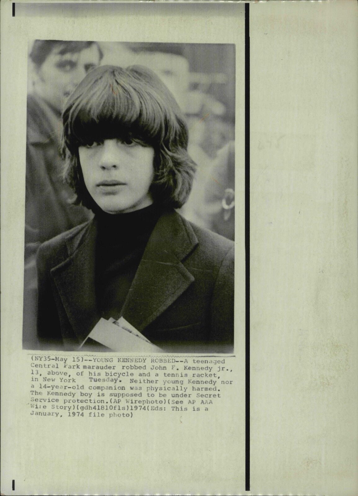 John Kennedy Jr. ROBBED of bicycle 1974 Press Photo Poster painting New York Central Park