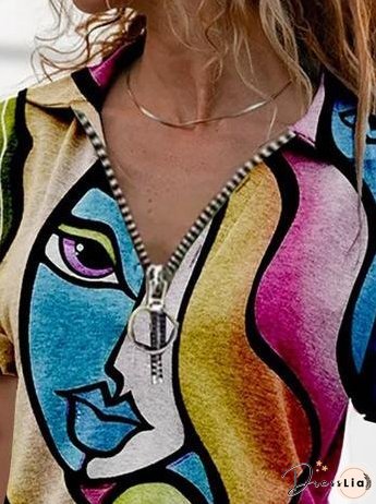 V-Neck Printed Zipper Short Sleeve T-Shirt for Women