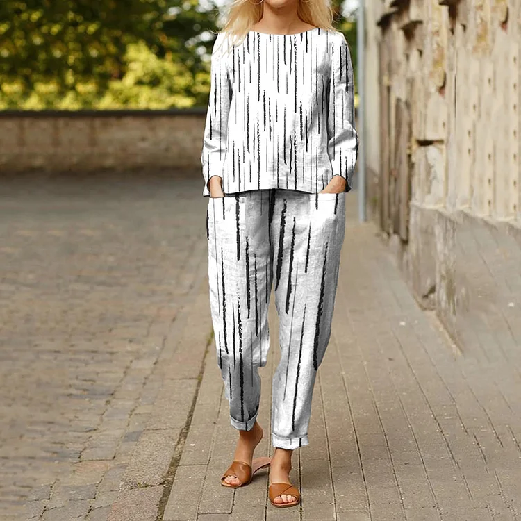Casual Line Print Long Sleeve Two Piece Set