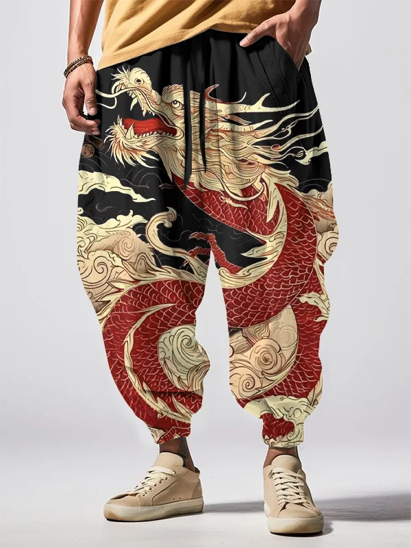 Men's Vintage Legendary Dragon Print Loose Drawstring Waist Sweatpants