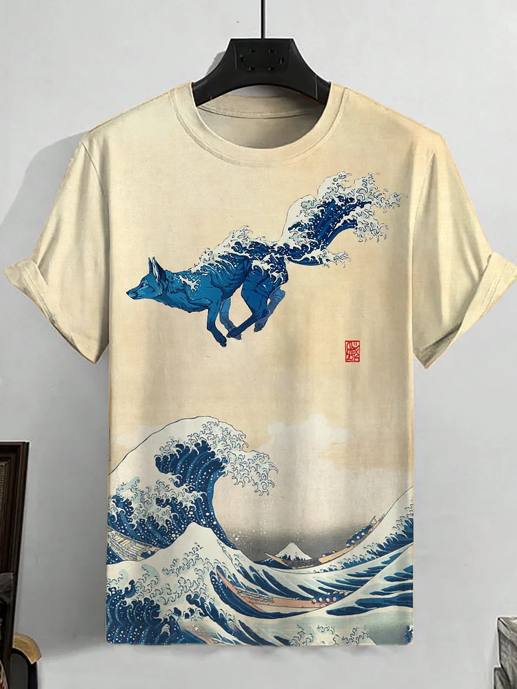 Men's The Great Wave Fox Sea Japanese Art Print Casual T-Shirt