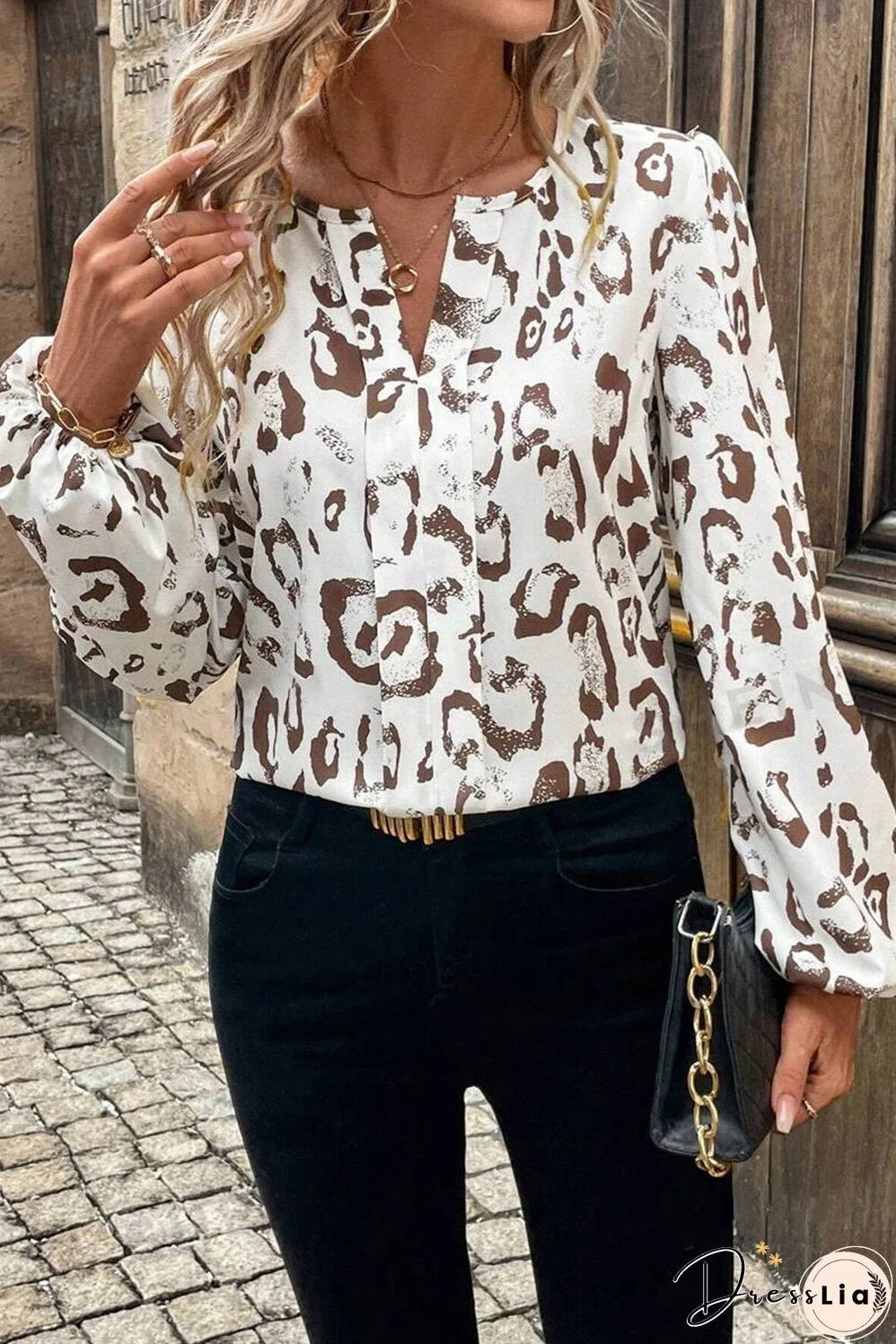 Khaki Leopard Print Split Neck Balloon Sleeve Blouse