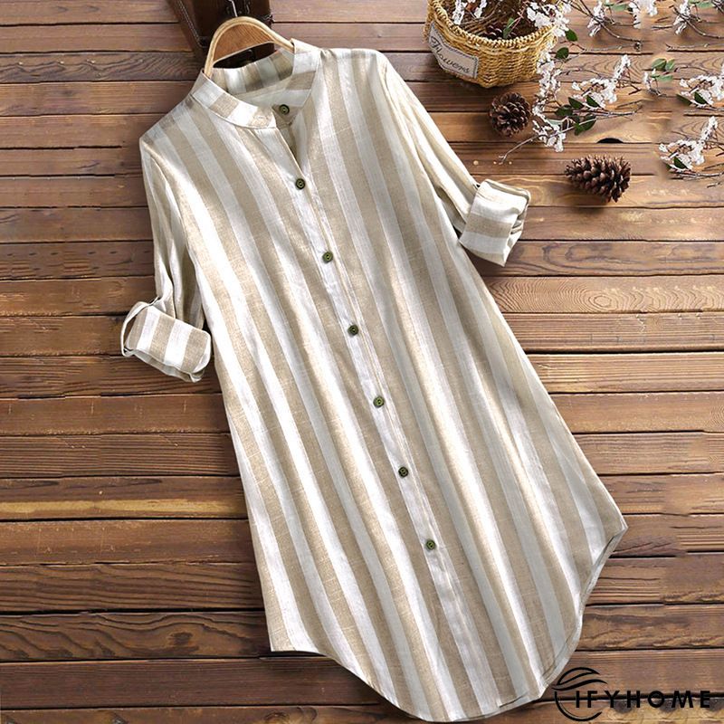 3/4 Sleeve Cotton Linen Striped Casual Casual Top & Tunic Blouse | IFYHOME
